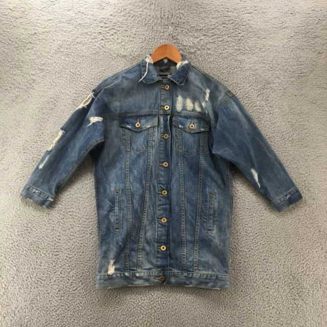 Boohoo Distressed Denim Jacket Womens 4 Blue Button Up Front Pockets Long Sleeve