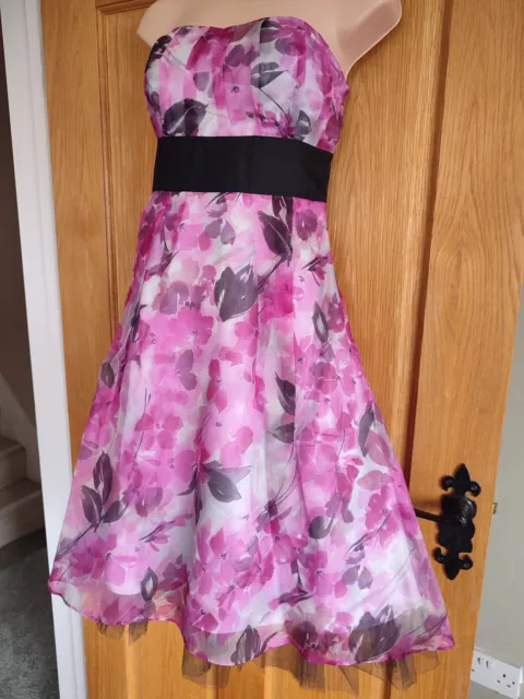 BNWT Strapless MONSOON dress size 12 pink grey floral 100% SILK taffeta PARTY