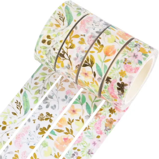 YUBBAEX 4 Rolls of Plant Washi Tape Set Gold Foil Decorative Paper Masking Tapes