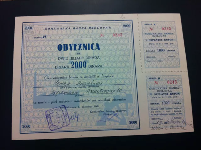 Extra Rarre- Bond- Yugoslavia- 2000 Dinara 1961 -Municipal Bank Bjelovar !!!