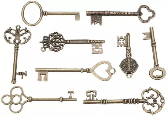 9PCS Big Large Antique VTG Old Brass Skeleton Keys Lot Cabinet Barrel Lock