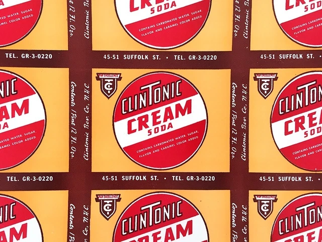 CLINTONIC Cream SODA  30s 40s uncut LABEL sheet NEW YORK CITY•