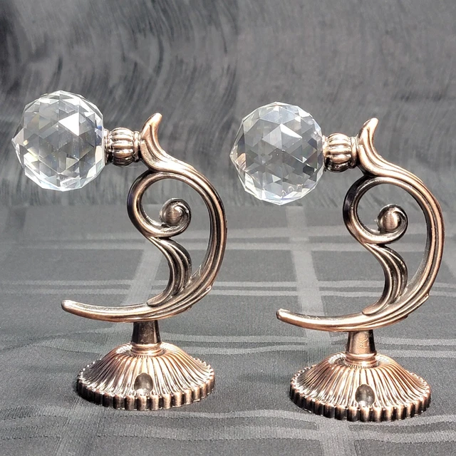 Pair of Glass Crystal Curtain Holdbacks Bronze color Hooks Drapery Tiebacks