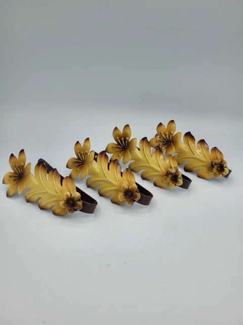VINTAGE 40s ART DECO METAL CURTAIN  DRAPERY TIE BACKS YELLO FLORAL LEAF SET OF 4