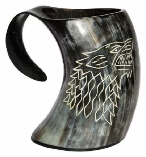 Viking Drinking Horn Mug Wolf Carved Tankard For Beer Game of Thrones Wolf Mug
