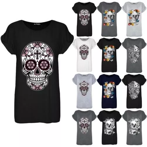 Femmes Halloween Dead Sucre Crâne Floral Manche Revers Bouffant T-Shirt