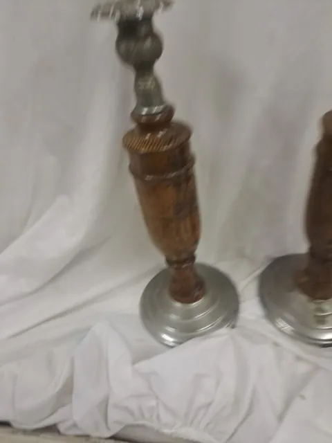 Antique English oak and pewter pair candlesticks arts and crafts 30s superb