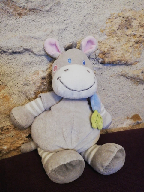 Doudou Peluche Nicotoy Âne Cheval Zèbre Gris Blanc Écharpe bleu Feuille Vert