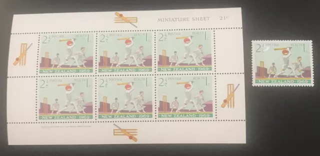 New Zealand 1969 Health Stamps "Cricket" MH Miniature Sheet + 1 MH Stamp