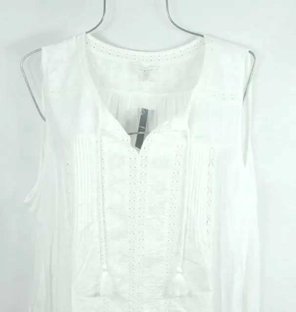 Lucky Brand Womens Shirt 3X Pleaded White Embroidered lace Tassel Tie top Blouse 3