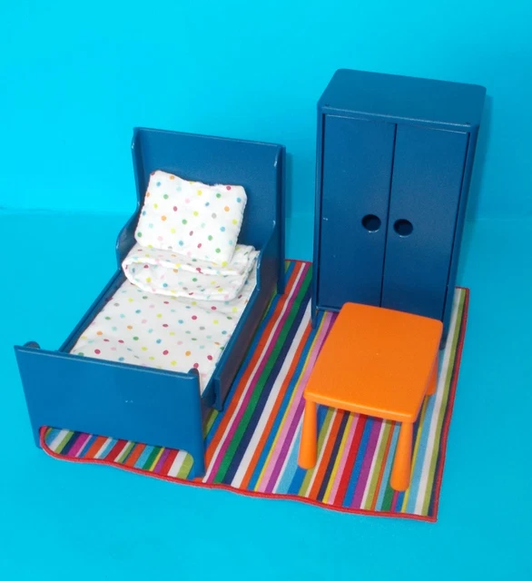 IKEA DOLLS HOUSE Bedroom Furniture Extendable Bed & Wardrobe Blue Huset