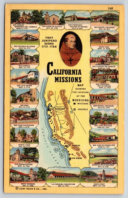 MAP OF ALL California Missions~Inset Portrait Fray Junipero Serra~PM