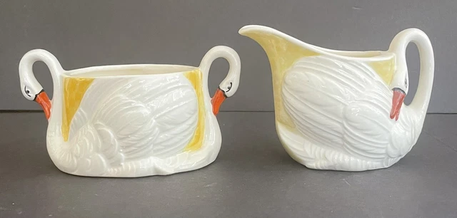 Vintage Sugar Bowl And Creamer Czechoslovakia Pottery Figural Swan Handles