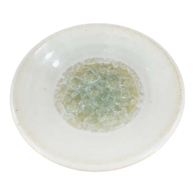 Hand Made Pottery Dish Bowl White Ceramic W Crystalline Light Green Center JUNE