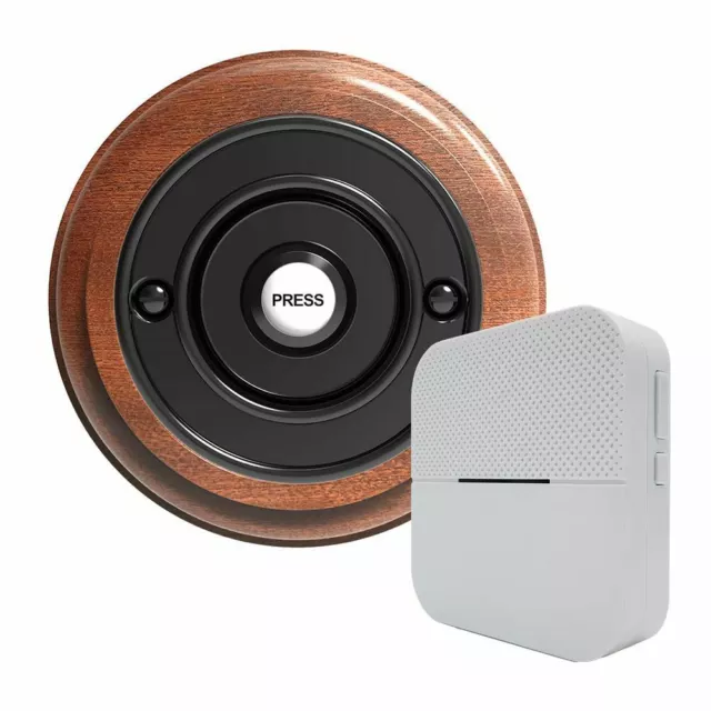 Traditional Round Wireless Doorbell in Mahogany and Black