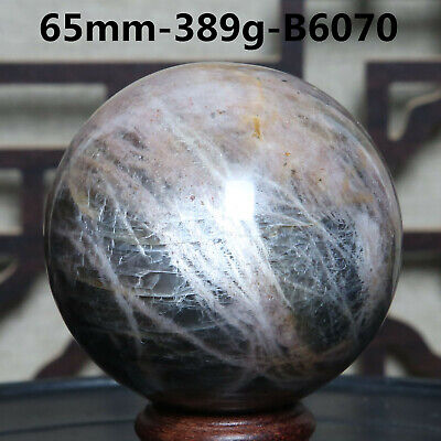 B6070- 389g Natural Black Moonstones Rock Crystal Quartz Sphere Ball Reiki/Stand