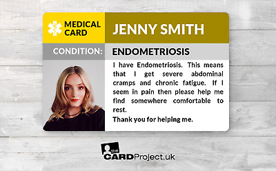 Tarjeta de alerta con foto médica de endometriosis, concienciación sobre la salud femenina
