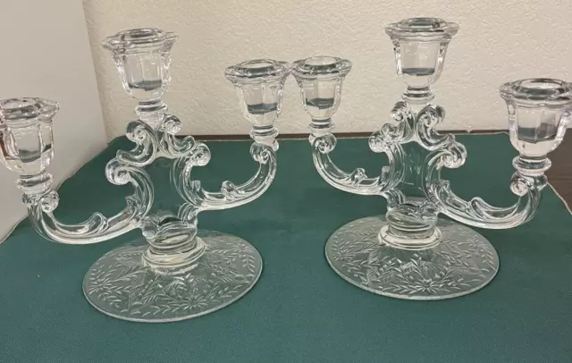 PAIR of Fostoria 2482 3-light Candleholder/Candelabra; wheel-cut design in base