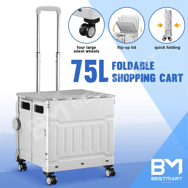 Folding Shopping Cart Trolley 75L Crate Grocery Storage Rolling Wheels Carts
