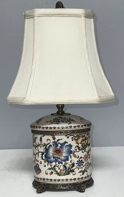 Cute Oval Box w/ Brass Ormolu Lamp In Blue Flower And Colorful Floral Motif 17”