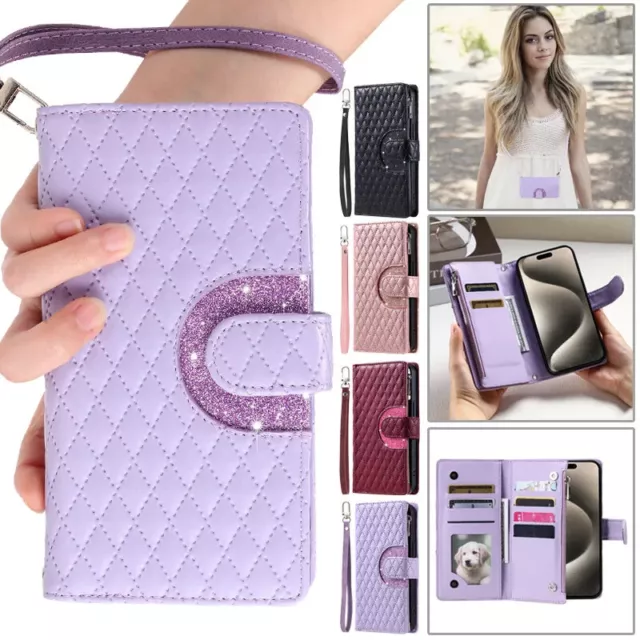 For iPhone 15 14 13 12 11 Pro Max 8 7 Plus Zipper Flip Leather Wallet Case Cover