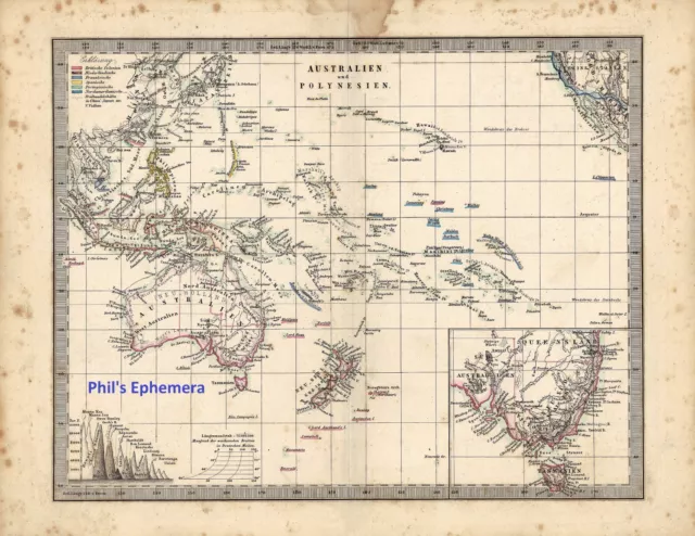 1850 Australia & Polynesian Islands Antique German Map Reproduction 14.5" x 11"