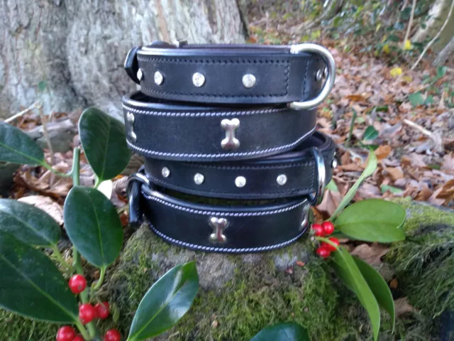 Dog Collar*REAL Genuine Leather*HANDMADE & Stitched*BLACK*11.5" - 23.5" / S - XL