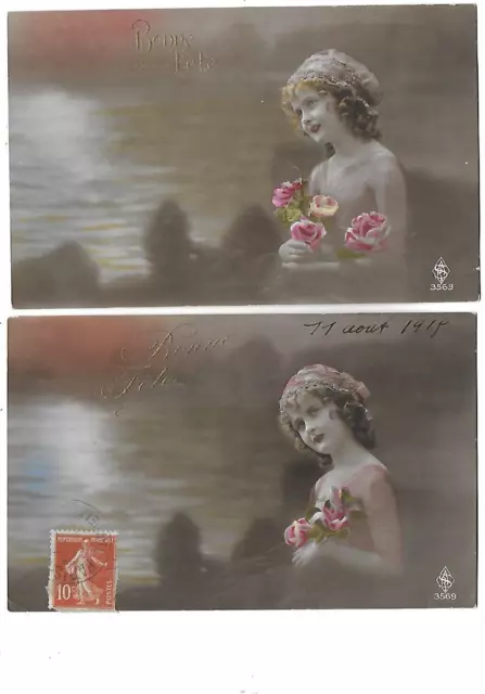 2 CPA carte postale ancienne portrait d'une petite fille rêveuse 1915 bonne fête