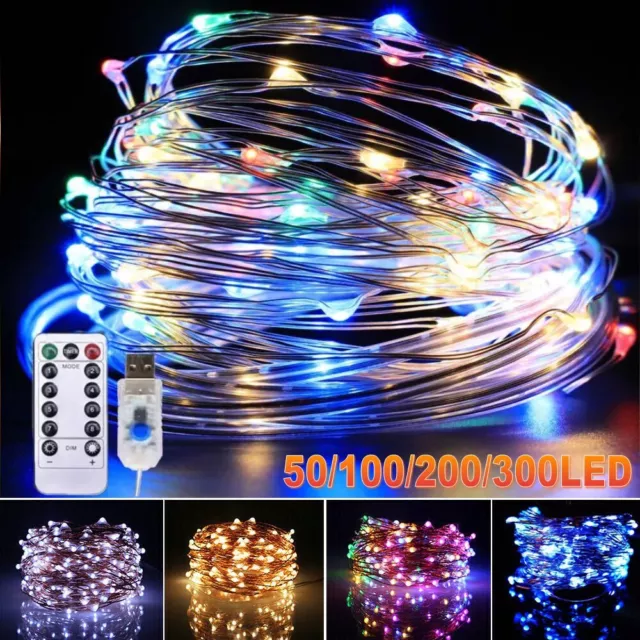 USB Twinkle LED String Fairy Lights 200/300LED Copper Wire Party Decor W/ Remote