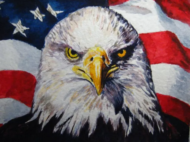 Watercolor Painting Bald Eagle Bird American Flag Feathers ACEO Art