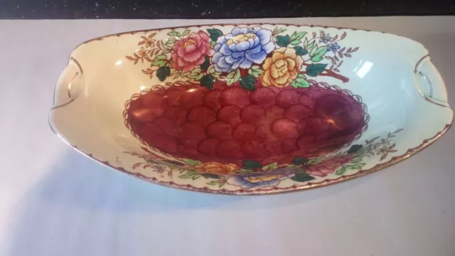 Maling Peony Rose Pink Thumbprint Oval serving dish with gilt edge 10" long