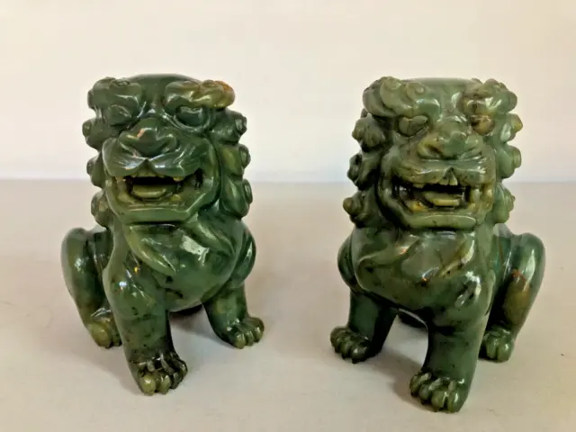 Vintage Pair Chinese Hand Carved Nephrite Jade Foo Dogs