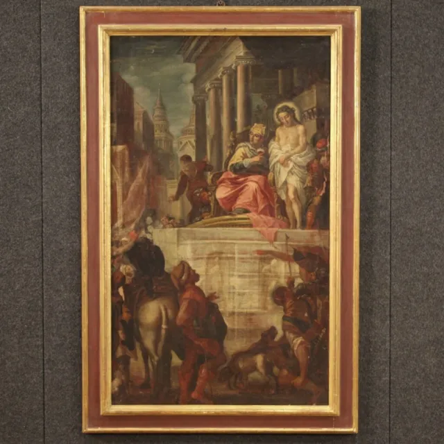 Pintura religiosa antigua oleo sobre lienzo cuadro Jesus y Herodes siglo XVII