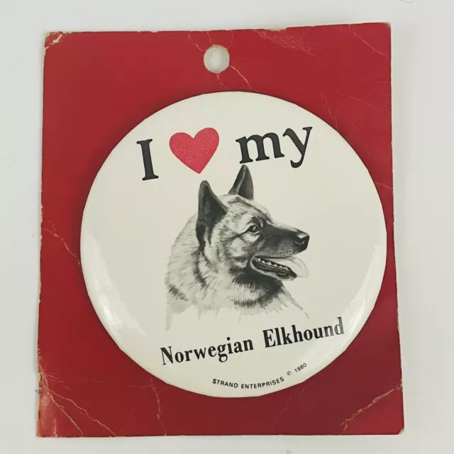 Vintage I Love My Norwegian Elkhound Pinback Button Strand Enterprises 1980 Dog