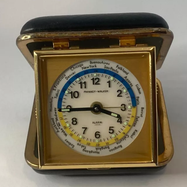 VTG Phinney-Walker World Traveler Alarm Clock Wind Up WORKS- Japan- RARE