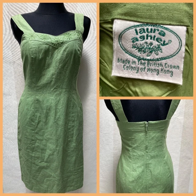 Vintage LAURA ASHLEY Linen Blend Tailored Summer Dress Embroidered Details, M