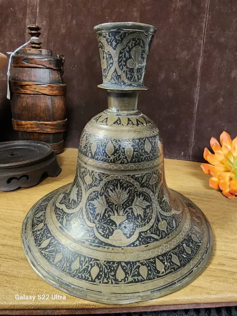 Antique Mughal Brass Hookah Base Old Hand Crafted Floral Engraved Mughal art