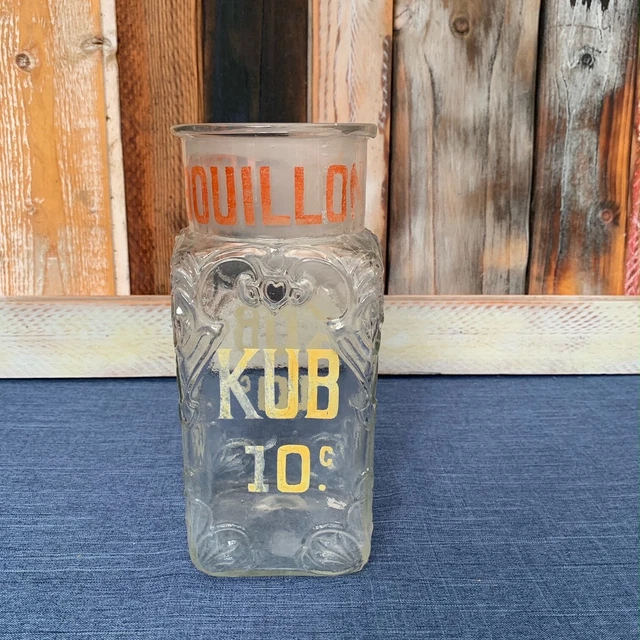 ANCIEN BOCAL PUBLICITAIRE Bouillon Kub Epicerie Verre Emaille EUR 150