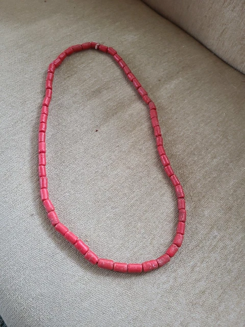 Old African Tribal Orange Coral Beaded Necklace  ◇ 15.5" / 31" End To End