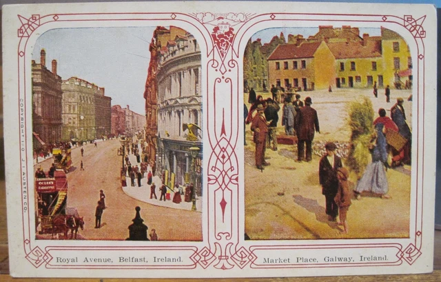 Irish Postcard BELFAST Royal Avenue GALWAY Market Double View Ireland J I Austen
