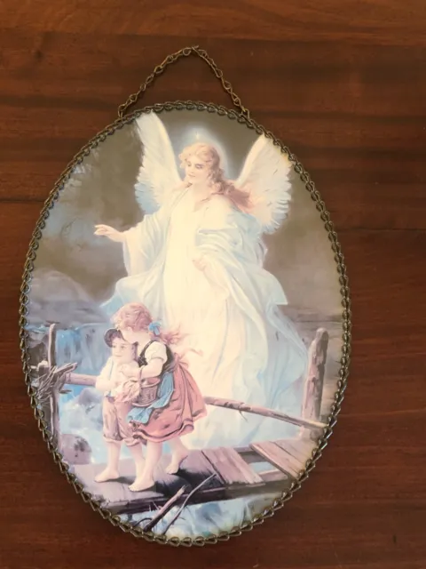 Vtg Oval Shaped Guardian Angel Watching Over Children Wall Hanging Flue Cover