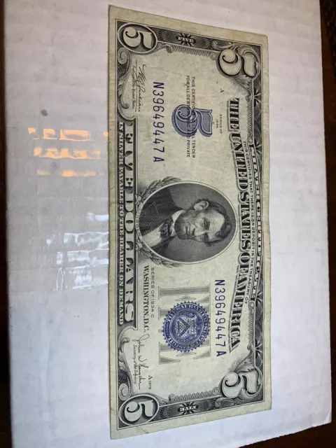 1934 C $5 FIVE Dollar Silver Certificate $5 Bill Blue Seal Note Circulated