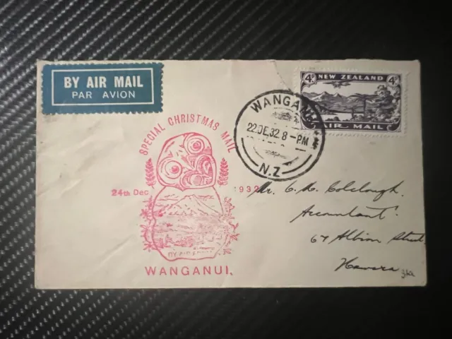 1932 New Zealand Special Christmas Airmail Cover Wanganui to Hawera NZ