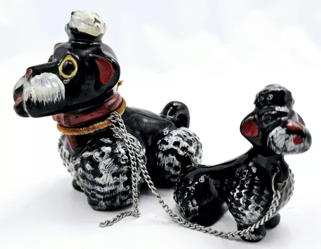 Vintage 50's Redware Black Mother Poodle Dog & Puppy Figurine with Chain Japan