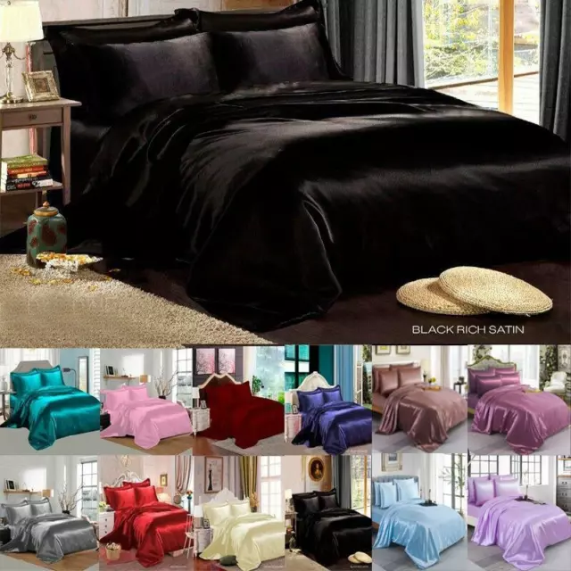 SATIN SILK COMPLETE BEDDING SET DUVET COVER FITTED SHEET 4 PILLOW CASES 6 Pcs