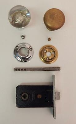 Vtg Glass & Brass Door Knobs Russwin Lockset Back Plates Spindle & Set Screws #2