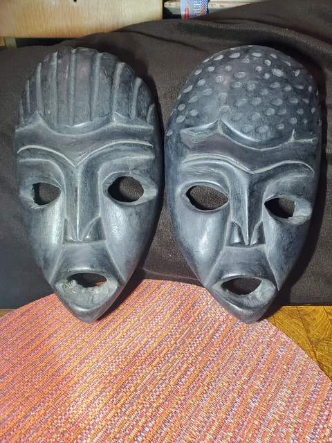 Pair African Wood Hand Carved Masks Antique? About 10” X 5” Tribal ART