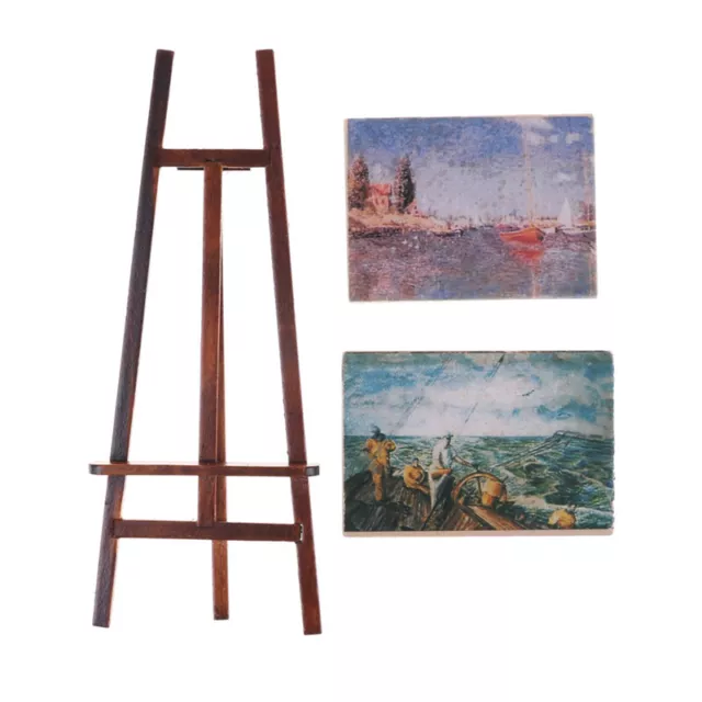 Dollhouse Miniature Accessory Artist Easel Stand & 2 Wood Paintings Pictures