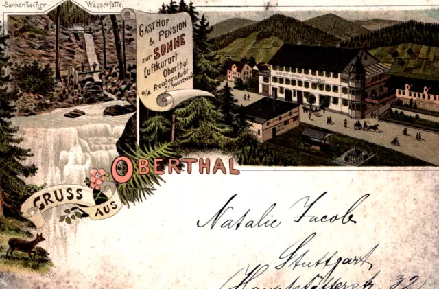 Vintage C. 1905 Greetings From Oberthal Germany Hotel Street Waterfall Postcard