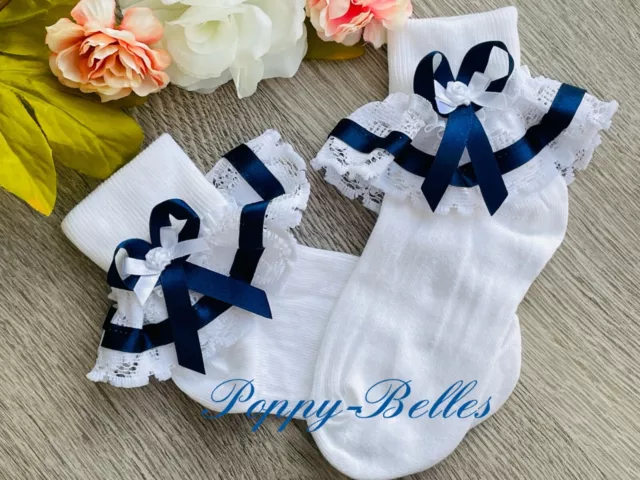 Handmade navy blue  trim & white rosebud bow white frilly ankle socks baby/girl